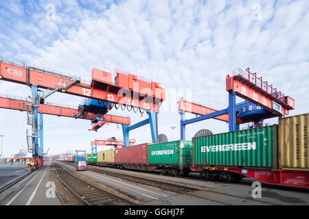Freight train under a container bridge, Hamburg, Germany Stock Photo ...