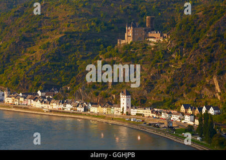 View from the Loreley at the river Rhine, St. Goarshausen, Burg Katz, Mittelrhein, Middle Rhine, Rhineland-Palatinate, Germany, Stock Photo