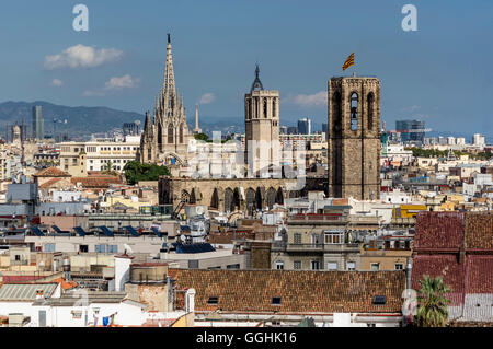 Panoramic view of the Ciutat Vella, Old city center of Barcelona, from the roof top of Barcelo Raval Hotel, Barcelona, Catalonia Stock Photo