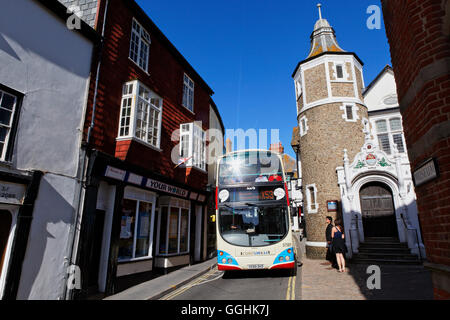 Bus driving through Bridge street, Guildhall at the right, Lyme Regis, Dorset, England, Great Britain Stock Photo