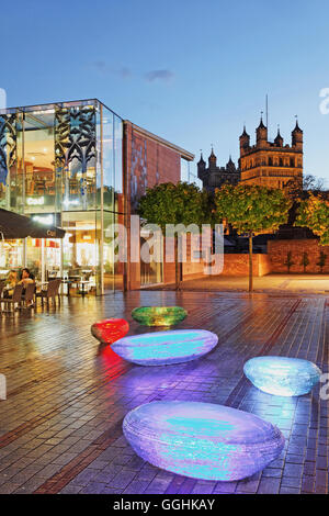 Glass sculptured stones, Princess Haymarket shopping center with Exeter cathedral in the background, Devon, England, Great Brita Stock Photo