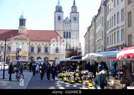 Market square at the old town hall with church, Johanniskirche, Magdeburg, Saxony-Anhalt, Germany Stock Photo