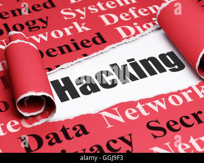 Paper Open Hack Safety concept: black text Hacking under the piece of torn paper Stock ...