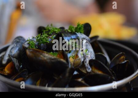 Moules Mariniere at lunch in St. Malo, Brittany, France Stock Photo