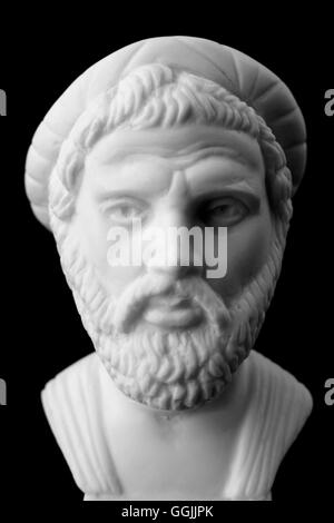 Pythagoras of Samos, was an important Greek philosopher, mathematician, geometer and music theorist.  White marble bust. Stock Photo