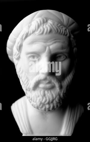 Pythagoras of Samos, was an important Greek philosopher, mathematician, geometer and music theorist.  White marble bust. Stock Photo