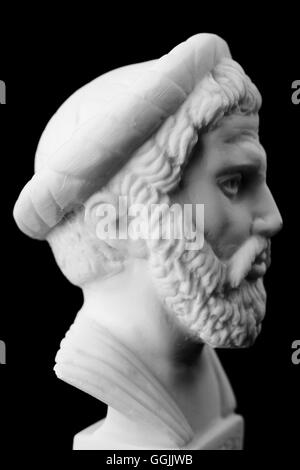 Pythagoras of Samos, was an important Greek philosopher, mathematician, geometer and music theorist.  White marble bust. Stock Photo