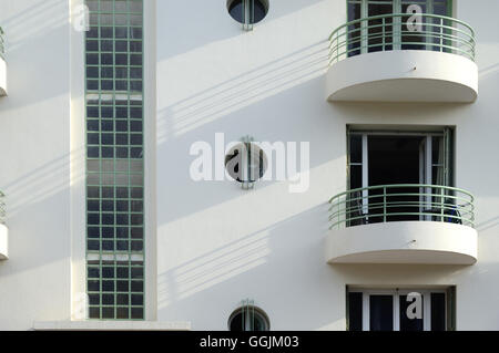 Window Patterns & Balconies of 1930s Art Deco Apartment Building Cassis Provence France Stock Photo