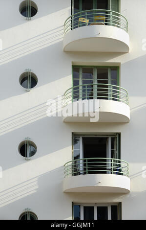 Window Patterns & Balconies of 1930s Art Deco Apartment Building Cassis Provence France Stock Photo