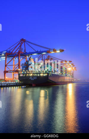 Container ships at illuminated container terminal Burchardkai at night, Waltershof, Hamburg, Germany Stock Photo