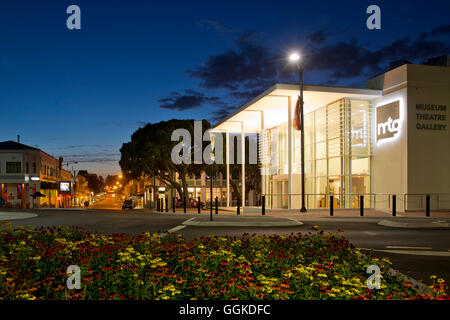 Entrance of mtg Museum Theatre Gallery at dusk, Napier, Hawke's Bay, North Island, New Zealand Stock Photo