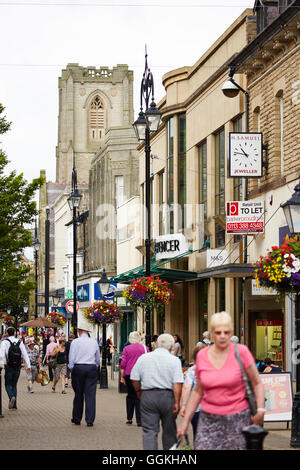 Cambridge Street shops Harrogate  Main shopping centre town street busy People crowds many crowded community communities lots ma Stock Photo