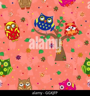 Amusing colourful owls on the terracotta background with stylized simple owls, seamless cartoon vector pattern Stock Vector