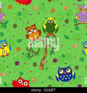 Funny colourful owls on the green background with many stylized simple owls, seamless cartoon vector pattern Stock Vector