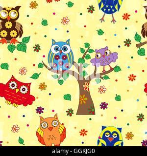 Colourful funny owls on the yellow background with many stylized simple owls, seamless cartoon vector pattern Stock Vector