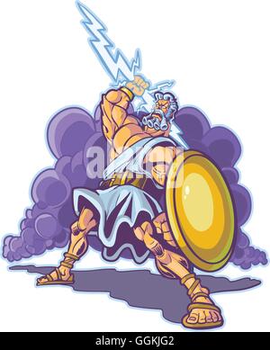 Vector clip art cartoon illustration of an angry Greek or Roman thunder and lightning god or titan mascot with a lighting bolt. Stock Vector