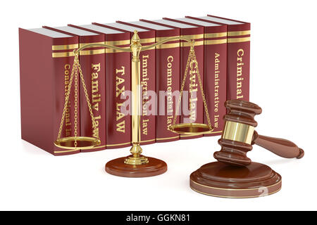 Wooden gavel, low books and golden scales of justice. Justice concept, 3D rendering isolated on white background Stock Photo