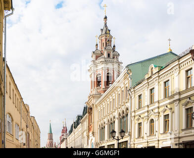 View of Nikolskaya Street with Zaikonospassky Monastery in Moscow on sunny day. Stock Photo