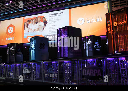 Las Vegas, USA. 05th Aug, 2016. Photo taken on Aug. 4, 2016 shows the scene of the Cyber Grand Challenge (CGC) in Las Vegas, United States. Seven high-performance computing machines developed by ethical computer hackers, academics or private-sector computer security experts were engaged in the final event of the U.S. Defense Advanced Research Projects Agency (DARPA)'s CGC, the world's first all-machine hacking tournament. The winning CGC system will be invited to compete against the world's best human hackers in DEF CON's annual 'Capture the Flag' (CTF) competition on Friday. © Xinhua/Alamy Li Stock Photo