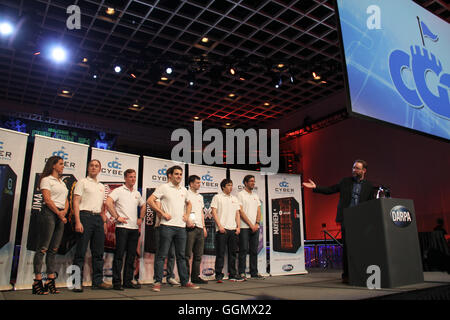 Las Vegas, USA. 05th Aug, 2016. The Pittsburgh-based team known as ForAllSecure, designer of the computer system Mayhem, is announced winner of the Cyber Grand Challenge (CGC), in Las Vegas, United States, on Aug. 5, 2016. Seven high-performance computing machines developed by ethical computer hackers, academics or private-sector computer security experts were engaged in the final event of the U.S. Defense Advanced Research Projects Agency (DARPA)'s CGC, the world's first all-machine hacking tournament. Credit:  Xinhua/Alamy Live News Stock Photo