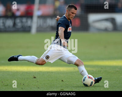 Washington, DC, USA. 6th Aug, 2016.  Philadelphia Union defender KEEGAN ROSENBERRY (12) warms up before the MLS match against D.C. United at RFK Stadium in Washington. Credit:  Chuck Myers/ZUMA Wire/Alamy Live News Stock Photo