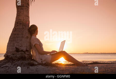 Caucasian woman with laptop leaning on palm tree at sunset Stock Photo