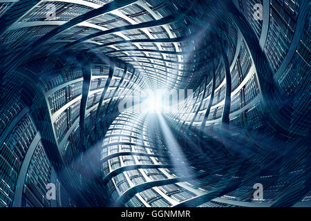 Light shining from swirling computer servers Stock Photo