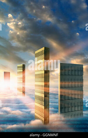 Computer servers in clouds with binary code Stock Photo