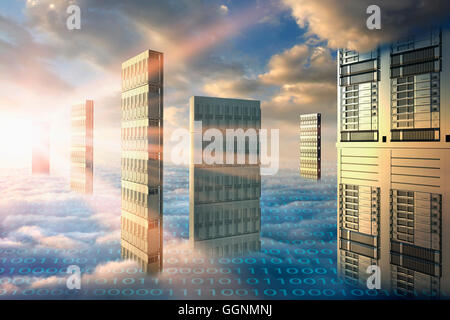 Computer servers in clouds with binary code Stock Photo