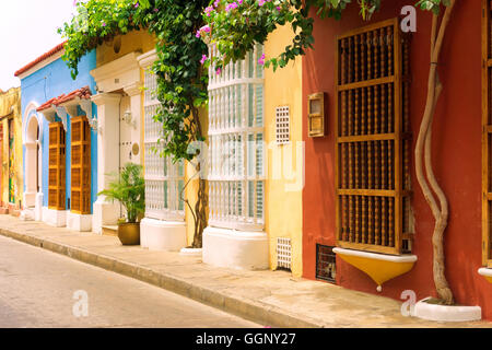 Street view of beautiful colonial houses in the historic downtown of Cartagena, Colombia Stock Photo