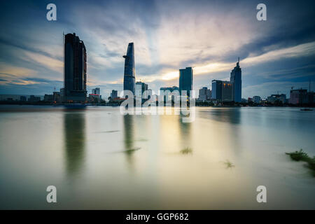 Downtown Saigon in sunset (view from Thu Thiem district) (long exposure), Ho Chi Minh city, Vietnam. Stock Photo