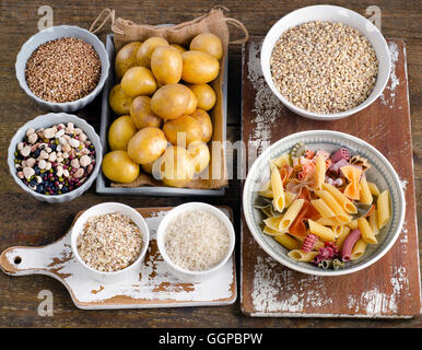 Healthy Food: Best Sources of Carbs on a wooden background. Top view Stock Photo