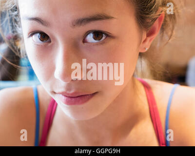 Close up of face of Mixed Race girl Stock Photo