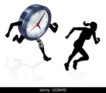 Silhouette woman running from a clock or racing it concept for time pressure or work life balance, being stressed or racing a de Stock Photo