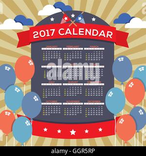 Modern Abstract 2017 Printable Calendar Starts Sunday Celebrating 4th of July United States Independence Day Concept Vector Stock Vector