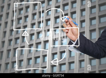 Hand of businessman drawing graphics a symbols geometric shapes graph to input information concept of investment profit in busin Stock Photo