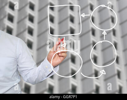 Hand of businessman drawing graphics a symbols geometric shapes graph to input information concept of investment profit in busin Stock Photo