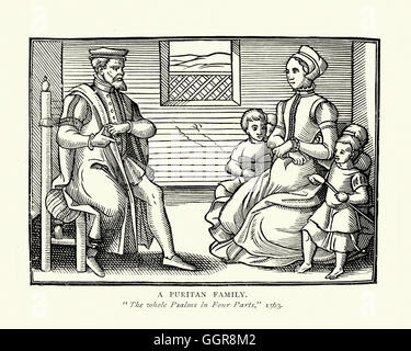 Woodcut of a sixteenth century puritan family. from The whole Psalms in four parts. 1563 Stock Photo