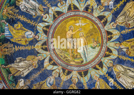 Ravenna, Italy - July 19, 2016. Ceiling mosaic (John the Baptist baptizing Jesus) of the Neoniano Baptistery of Neon in Ravenna, Stock Photo