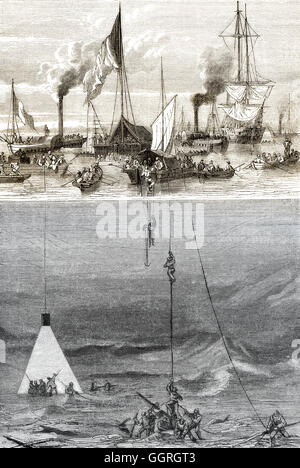 Searching the sunken treasure of the Battle of Vigo Bay, Ria of Vigo, Galicia, Spain, 19th century Stock Photo