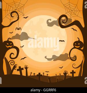 Halloween night background in graveyard with pumpkins, bats, full moon, spider, zombie hands and space for your Halloween Stock Vector