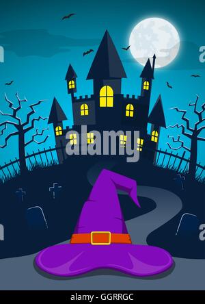Halloween night background with witch hat and spooky haunted castle behind cemetery or graveyard Stock Vector