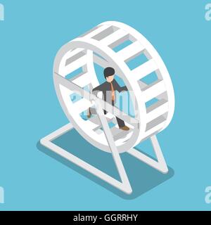 Isometric businessman in a suit running in a hamster wheel, business challenge and daily routine concept Stock Vector