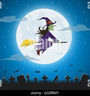 Witch flying on a magic broomstick against the full moon over graveyard,  Halloween night background Stock Vector