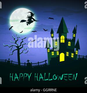 Witch flying on a magic broomstick over the spooky haunted castle with full moon in background with word happy halloween Stock Vector