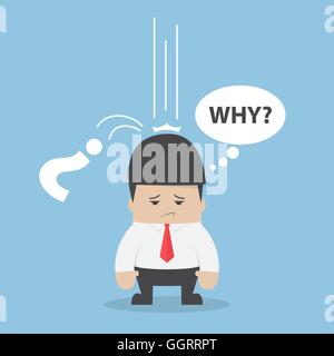 Businessman ask himself why with question mark sign falling on his head, business problem concept Stock Vector
