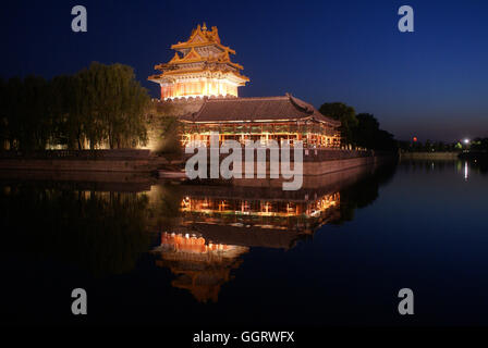 The northwest corner watchtower of the outer defensive wall of the Forbidden City in Beijing - China. Stock Photo