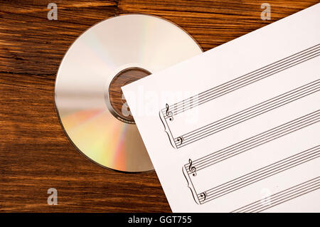 Music sheet and CD drive on wooden background. Old and new technology in music. Stock Photo