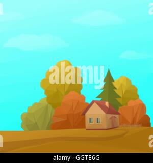 Landscape, House in Autumn Forest, Low Poly Stock Vector