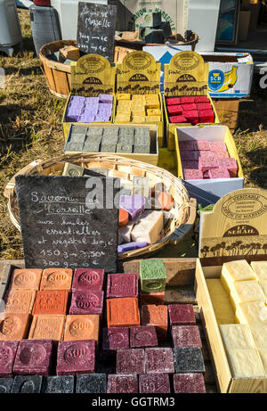 Display of traditional “Savon de Marseille” soaps at open-air event - sud-Touraine, France. Stock Photo